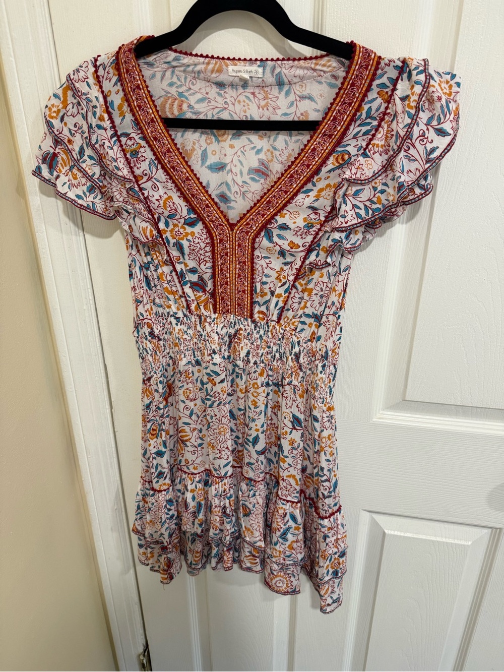 Poupette St Barths Boho Floral V-Neck Smocked Waist Women’s Top - White/Multi